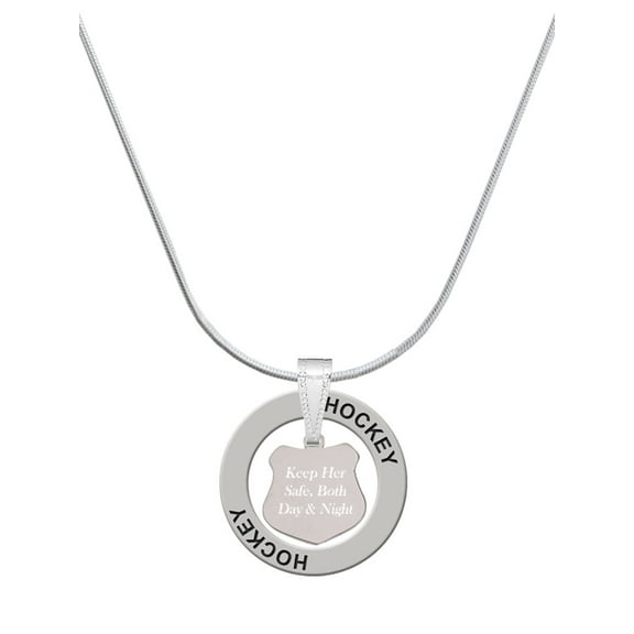Delight Jewelry Stainless Steel Keep Her Safe Police Badge - Hockey Ring Charm Necklace, 18"