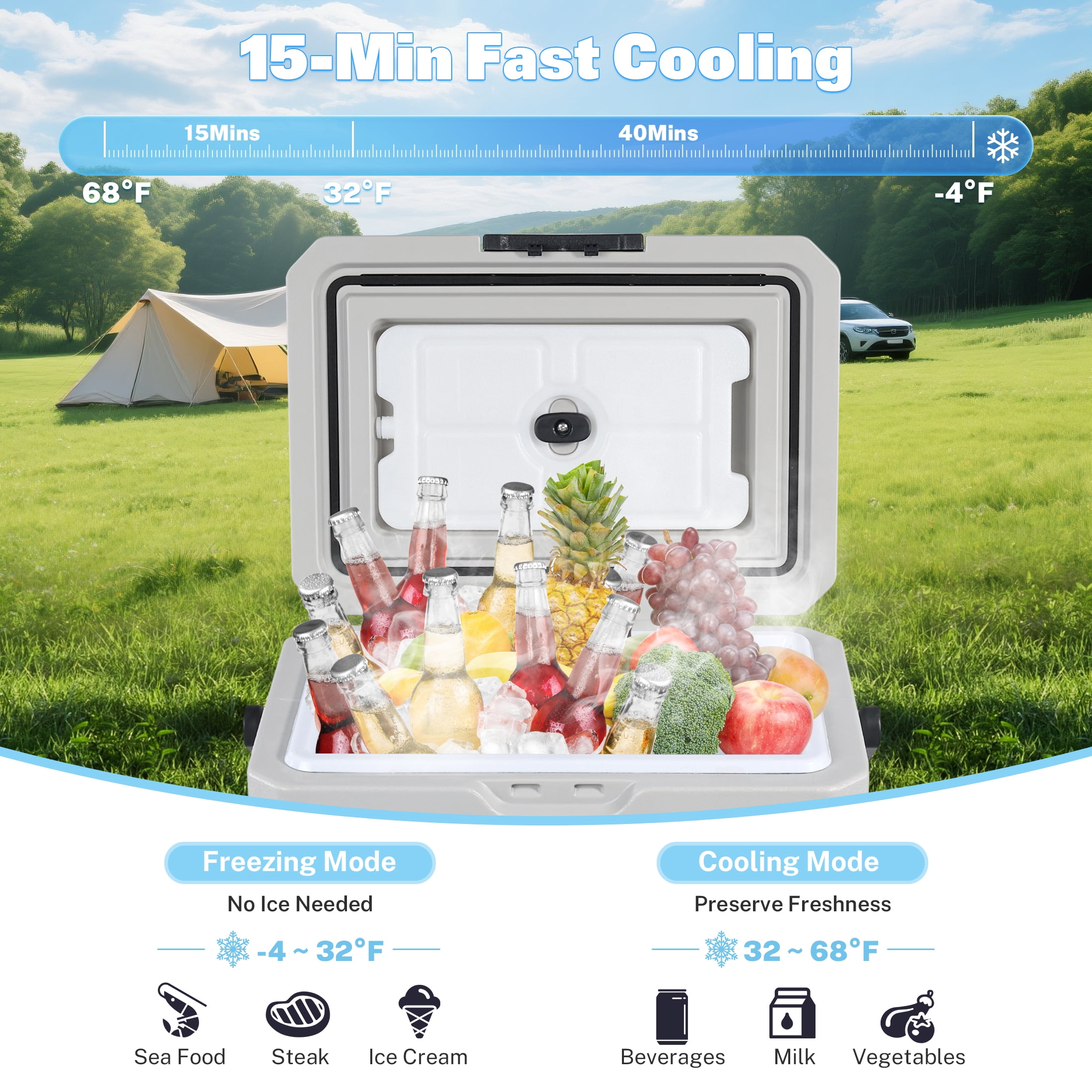 12 Volt Car Refrigerator, 14QT(13.5L) Compressor Electric Cooler -4℉ ~ 68℉ with Handle, Portable Freezer with APP Control, Car Fridge with 12/24V DC, 220 AC for Camping, Travel, Truck, Home