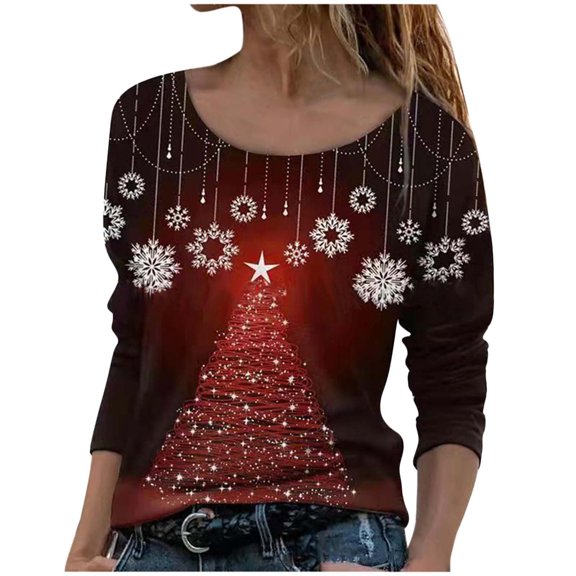 Fesfesfes Ugly Xmas Sweater Women Long Sleeves Floral Casual Shirts Solid Round Neck Pullover Loose Tunic Tops Christmas Tree Print Round Neck Blouse