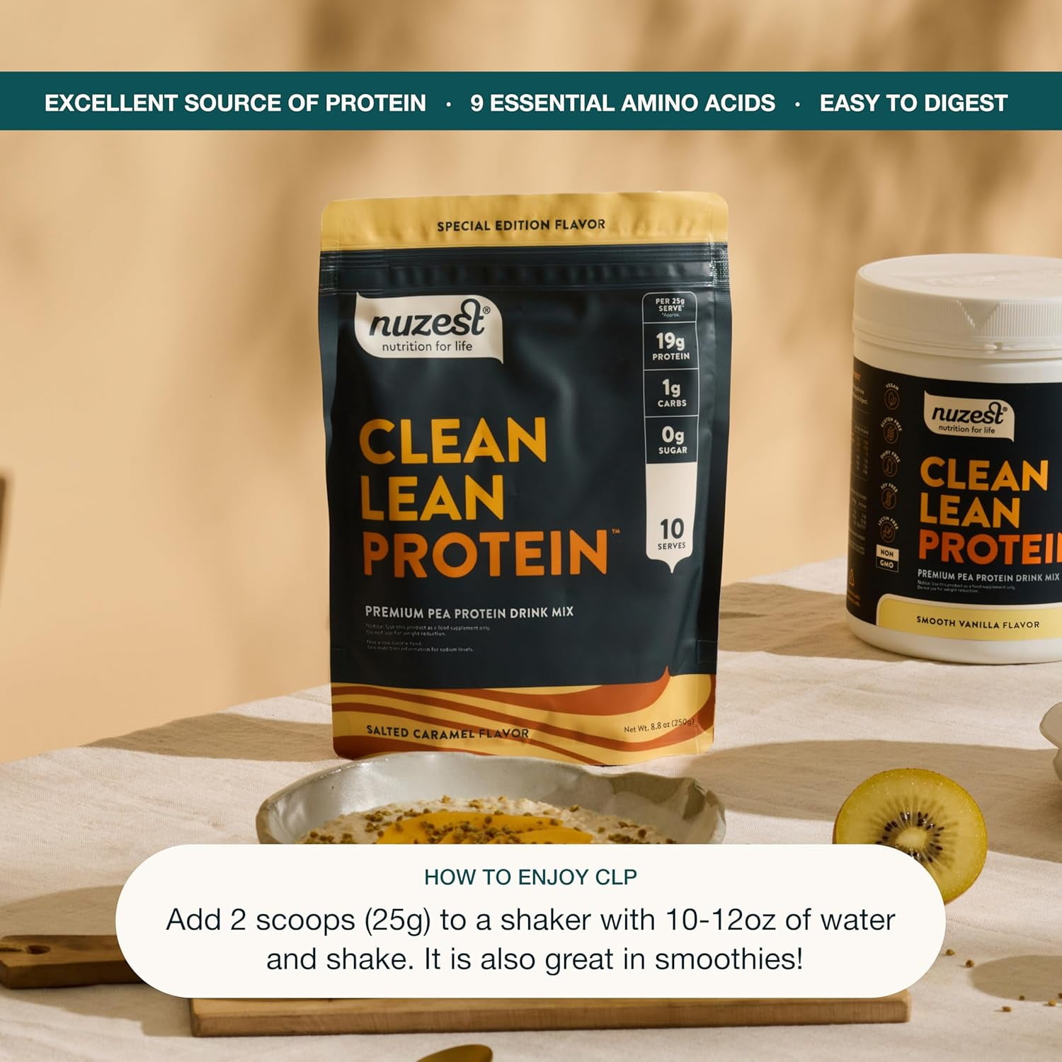 Nuzest - Pea Protein Powder - Clean Lean Protein, Premium Plant Based, Dairy Free, Gluten Free, GMO Free , Salted Caramel, 8.8 oz