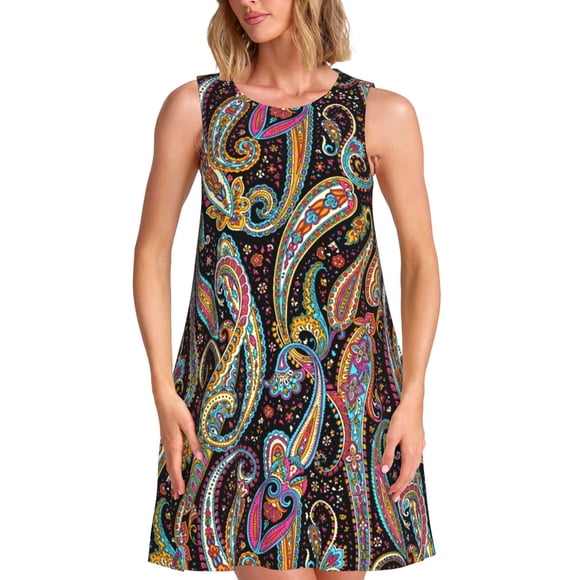 Vsdgher Watercolor Romantic Paisley Print Summer Dresses for Women Casual U Neck Beach Dress Sleeveless Tank Loose Sundress with Pocket