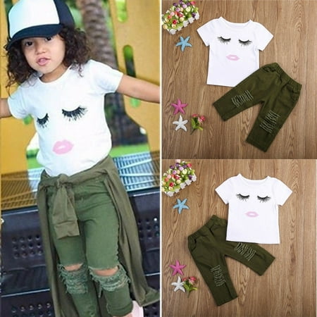 Infant Baby Girls Toddler Summer Clothes Cotton Print Tops T-shirt Army Long DenimJeans Pants Kids Outfits Clothes Set