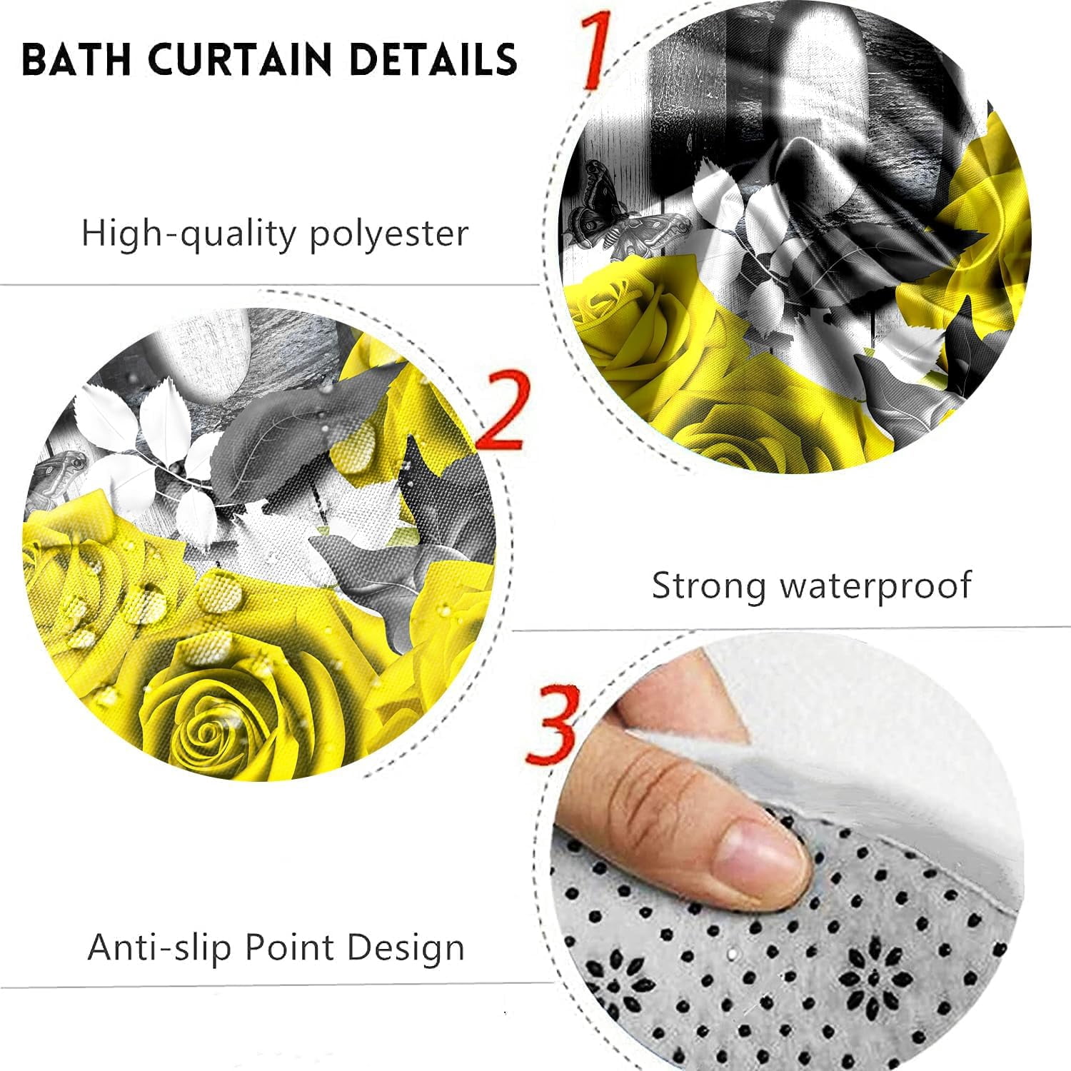 Red Rose 4 Pcs Shower Curtain Sets Non-Slip Rugs Bath Mat Toilet Cover U Shaped Mat Black Red Shower Curtain with 12 Hooks Red Rose Bathroom Set