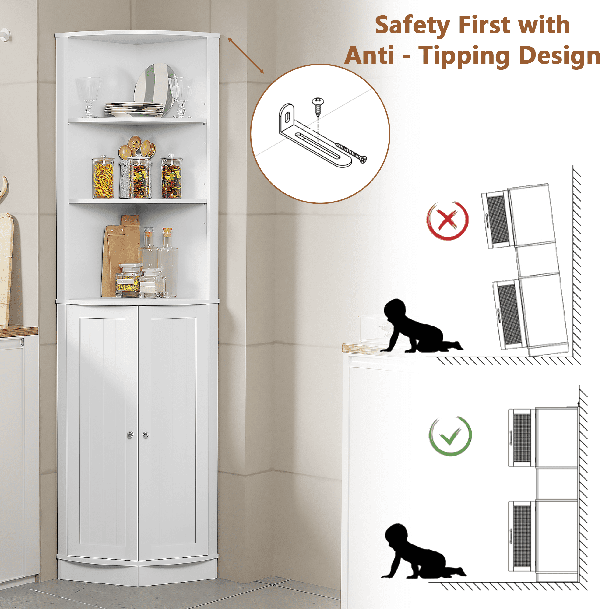 Tall Corner Cabinet 67-Inch with 2 Doors and Adjustable Shelves, Narrow Freestanding Storage Organizer for Bathroom and Living Room, White