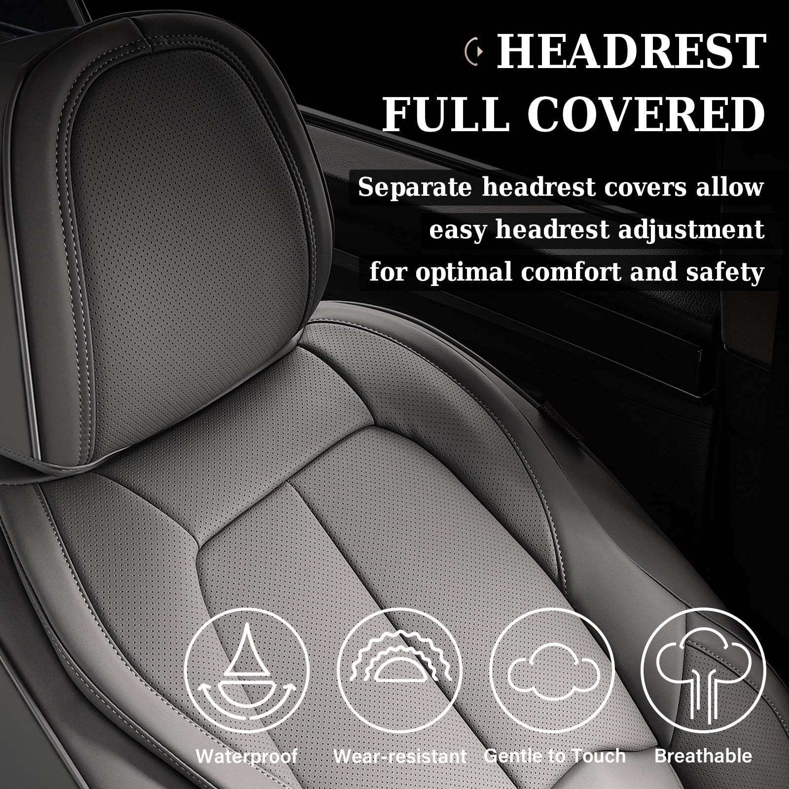 Coverado Car Seat Covers Full Set, Premium Leather Seat Protectors with Lumbar Support, Waterproof Auto Cushions Universal Fit for Most Cars, Gray