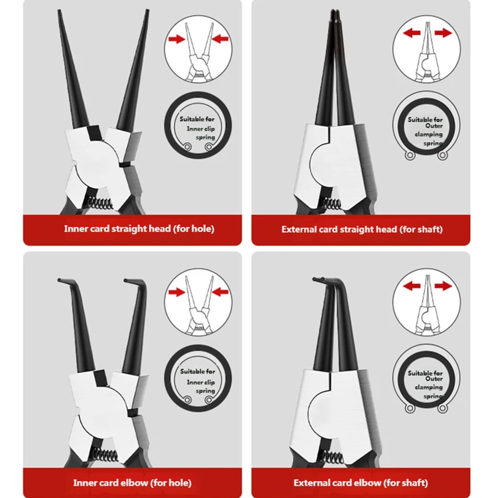 Pack of 4 Circlip Pliers Professional Snap Rings Pliers Heat Treated Steel Construction Four Head Types Spring Mechanism