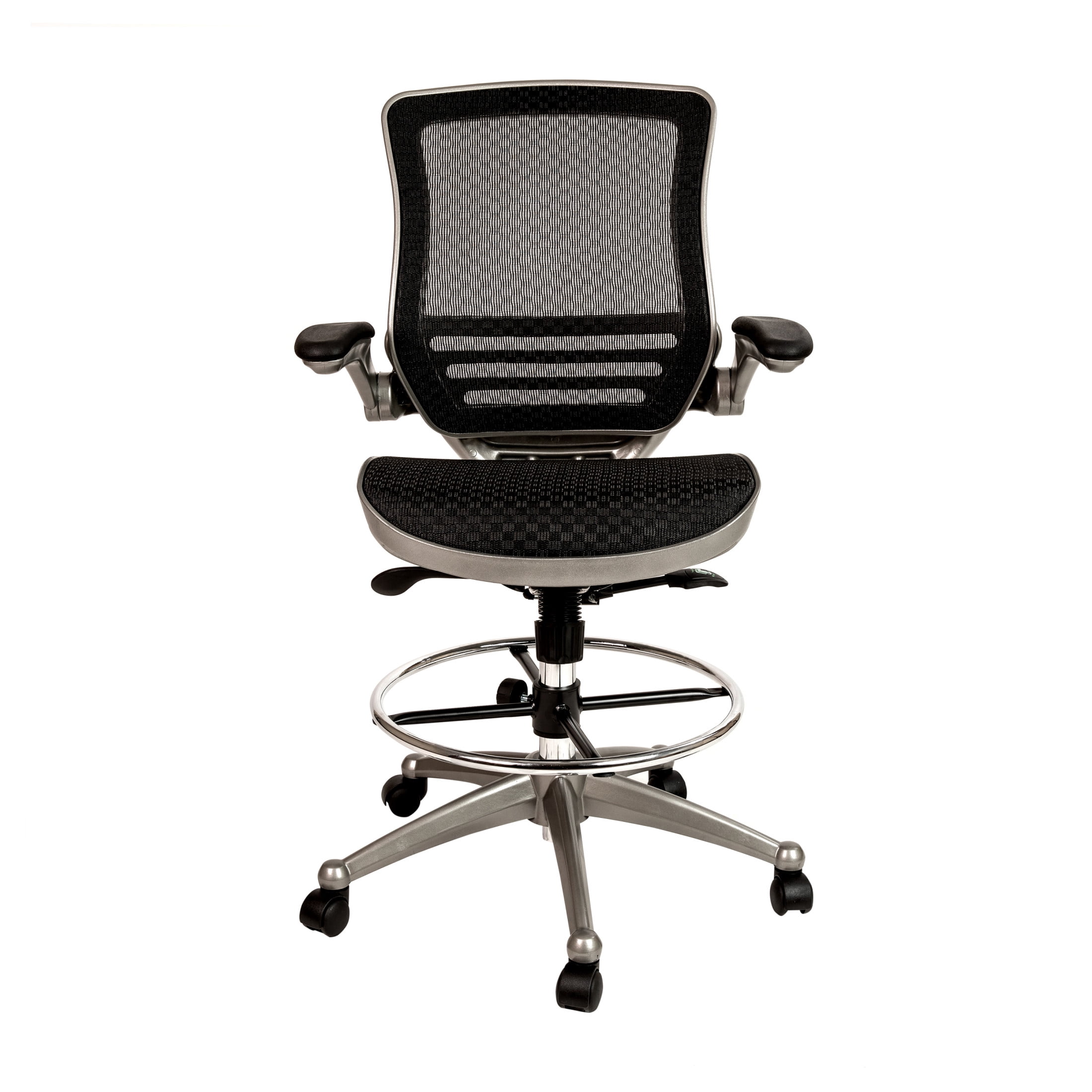 Flash Furniture Waylon Mid-Back Transparent Black Mesh Drafting Chair with Graphite Silver Frame and Flip-Up Arms
