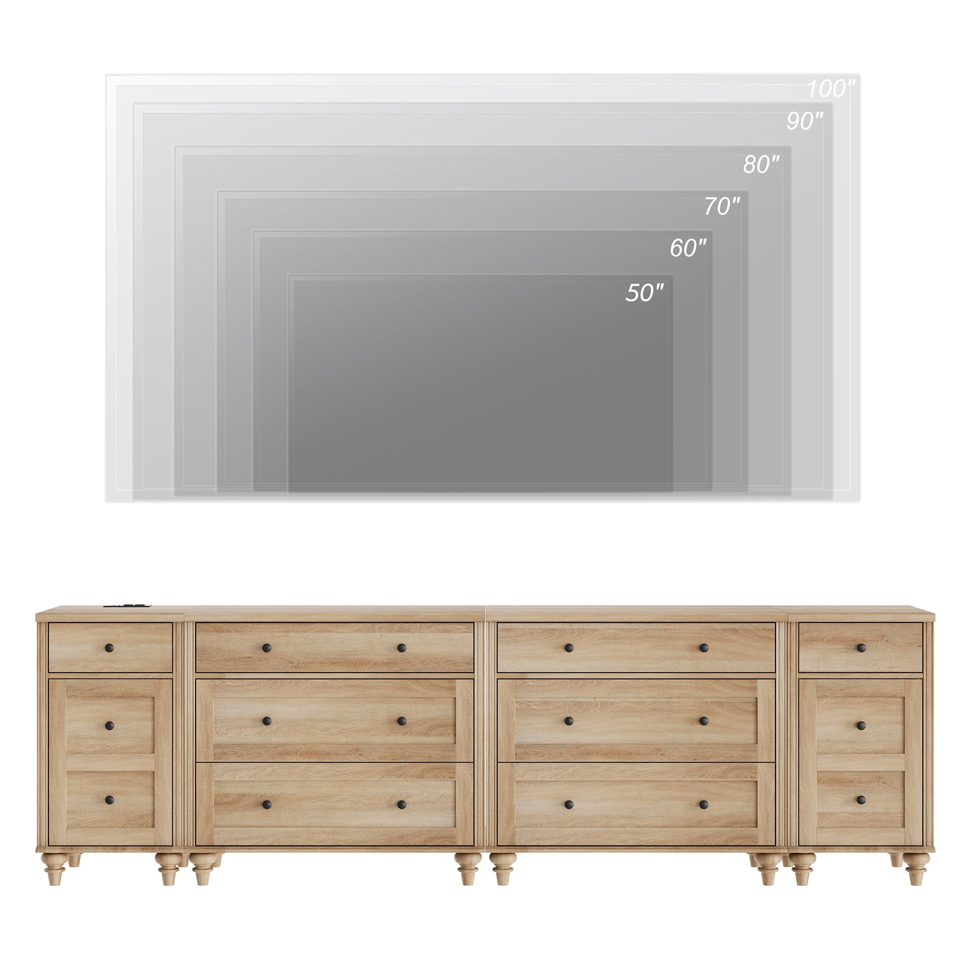 WAMPAT Farmhouse TV Stand for 100 Inch TV, 3-in-1 TV Console Table with 8 Drawers and 2 Storages, Entertainment Center with Charging Station for Living Room, Oak