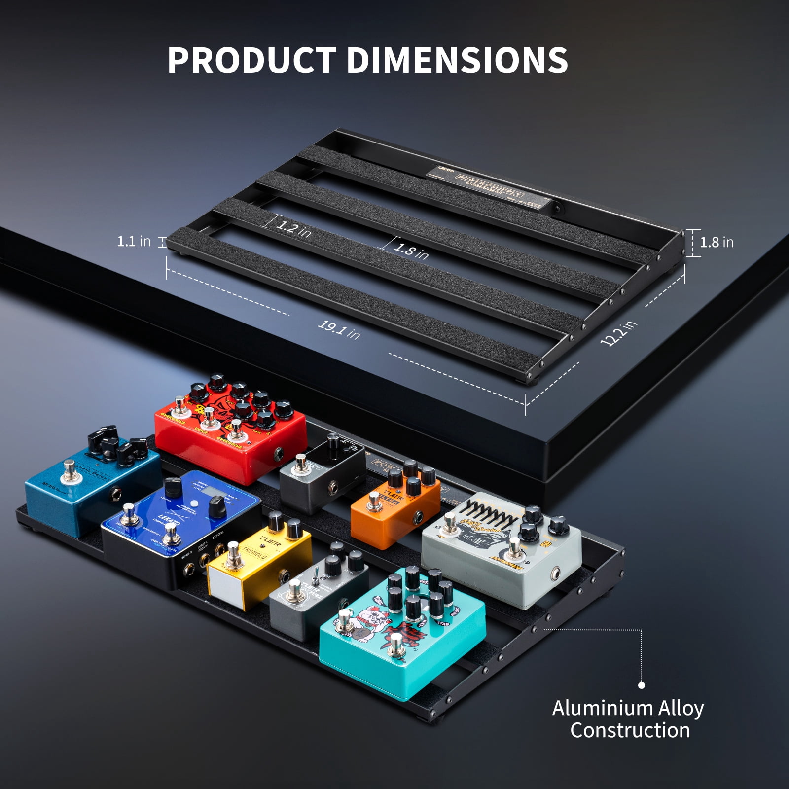LEKATO Pedalboard, Pedal Board with Built-in Power Supply, 19x12.2x1.8" 2.97LB, Aluminium Alloy Guitar Pedal Board with Carry Bag, Pedal Cables, Adhesive Hookside Tape
