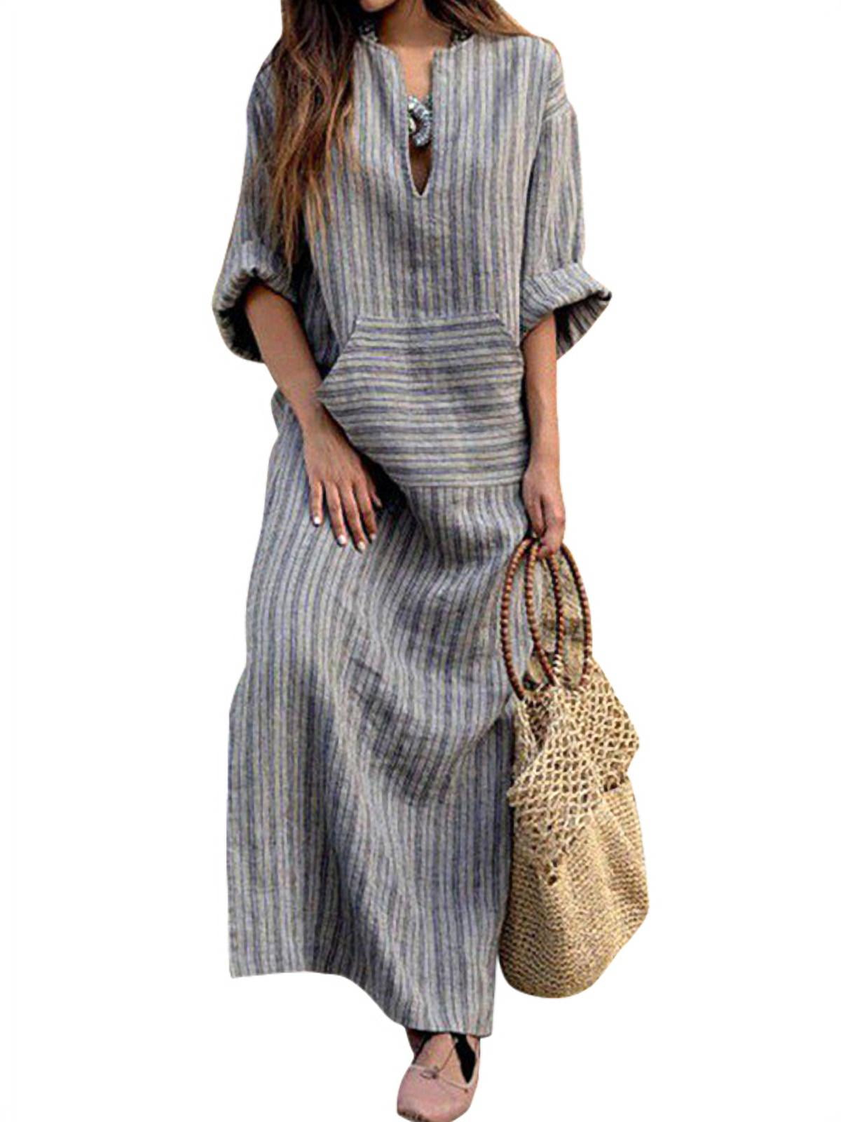 Women Plus Size Vintage Long Sleeve Loose Cotton Linen Dress - Walmart.com