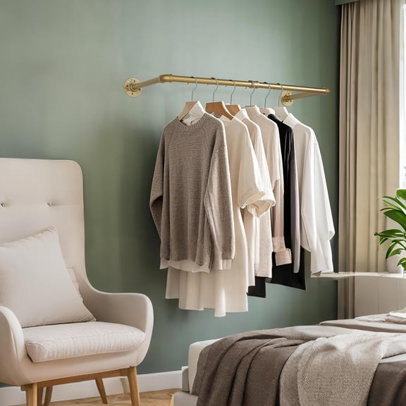 2 Pack Industrial Pipe Clothes Rack Gold Wall Mounted Clothing Rack for Hanging Clothes 34.5 Inch Multi-Purpose Garment Bar for Wardrobe and Laundry Room