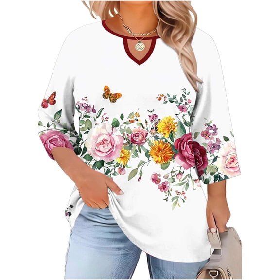 Cilsoka Womens Summer Fashion Tops 3/4 Sleeve Round Neck Shirts Casual Print Trendy Three Quarter Length T Shirt, Summer Blouses for Women Dressy Casual