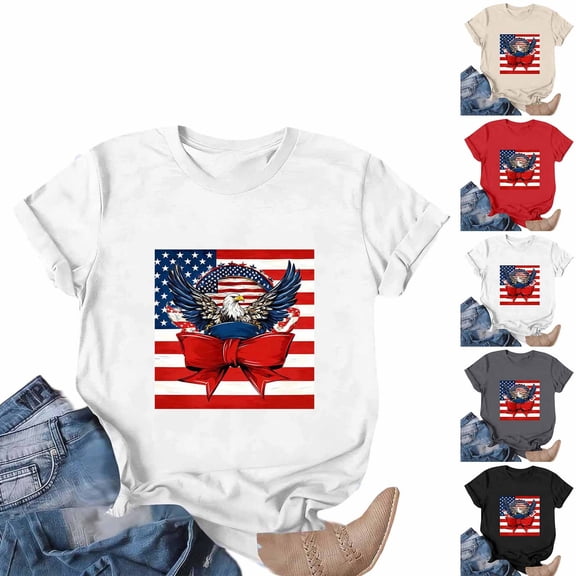 Goodtrade8 Short Sleeve Tops for Women Summer USA Years Anniversary Pullover Fourth of July Independence Day Red White and Blue American Flag Graphic Casual Womens Shirts Fashion
