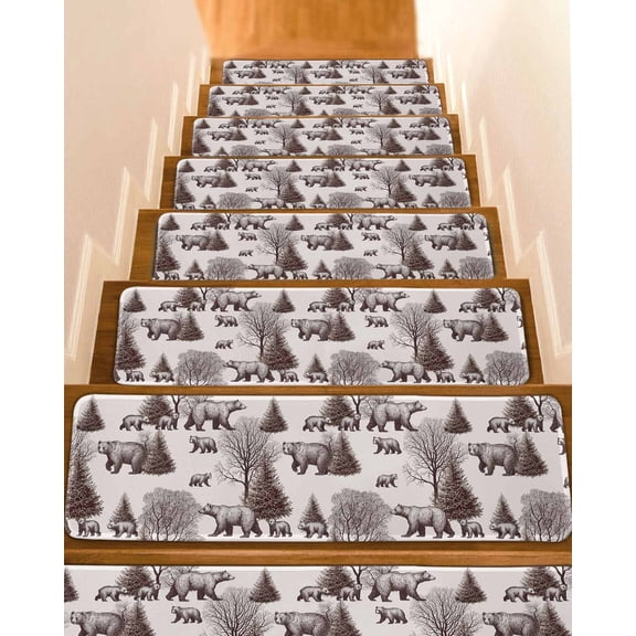 Brown Bear Stair Treads for Wooden Steps Indoor Runner Rug Carpet, Hunting Bear Forest Wildlife Animals Vintage 7 Pieces Peel and Stick Staircase Step Treads Covers Washable Throw Door Mats, 30"x8"