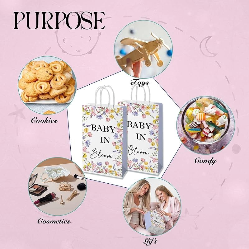 20Pcs Baby In Bloom Baby Shower Decorations，Bloom Baby Gift Bag for Girls，Gender Reveal Gift Bag，Boho Sweet Baby 1st Birthday Party Supplies, Floral Paper Gifts Bag with Handle 8.6*5*3.7inch