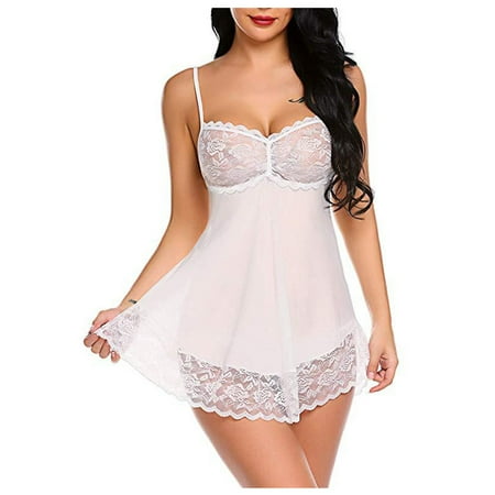 

HAPIMO Discount Women s Sexy Lingerie Lace Cozy Babydoll See Through Mesh Plus Size Strap Chemise Halter Pleat Swing Nightwear Nightgown White L