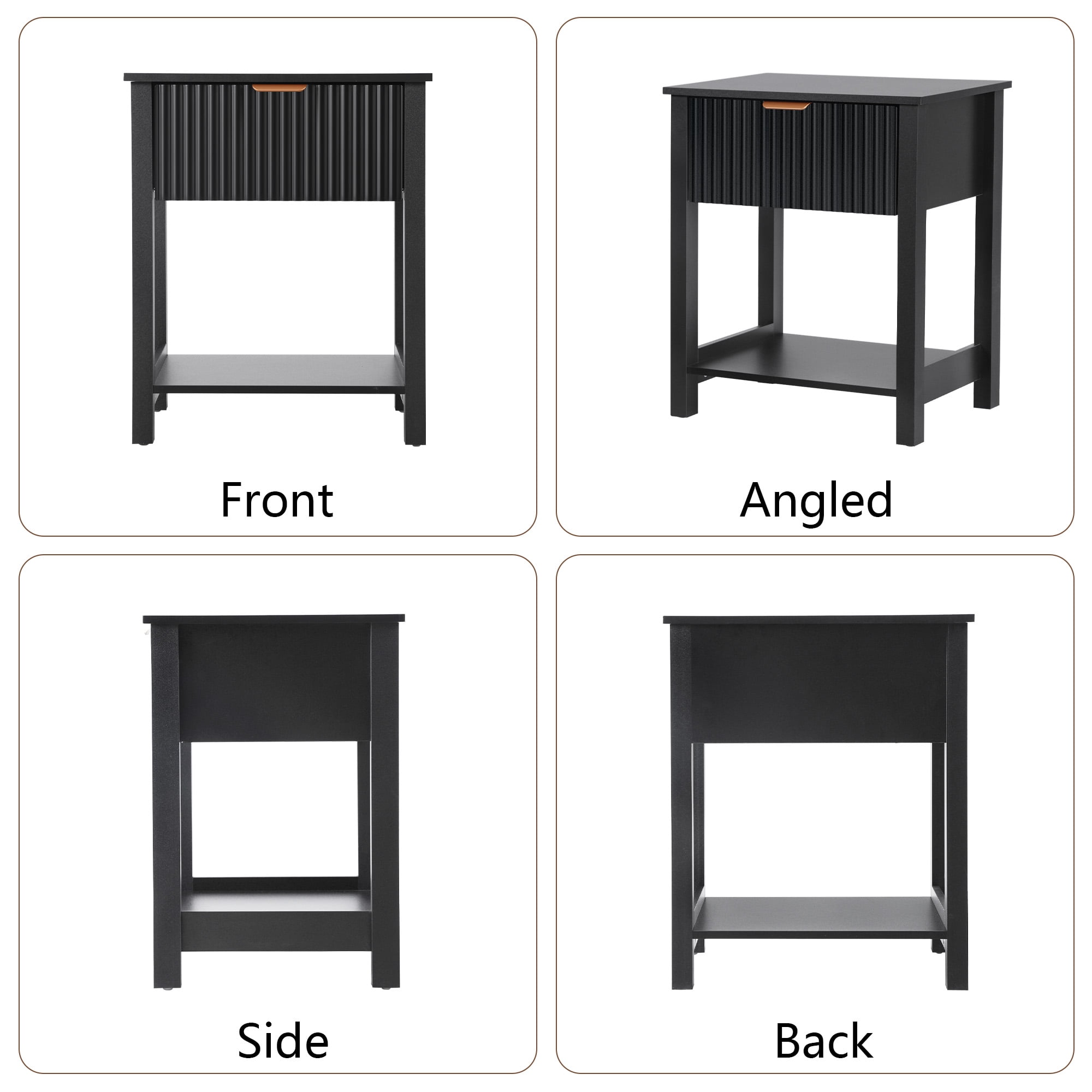 PHOYAL Fluted Nightstand for Bedroom, Wood Bedside Table with Drawers, Black