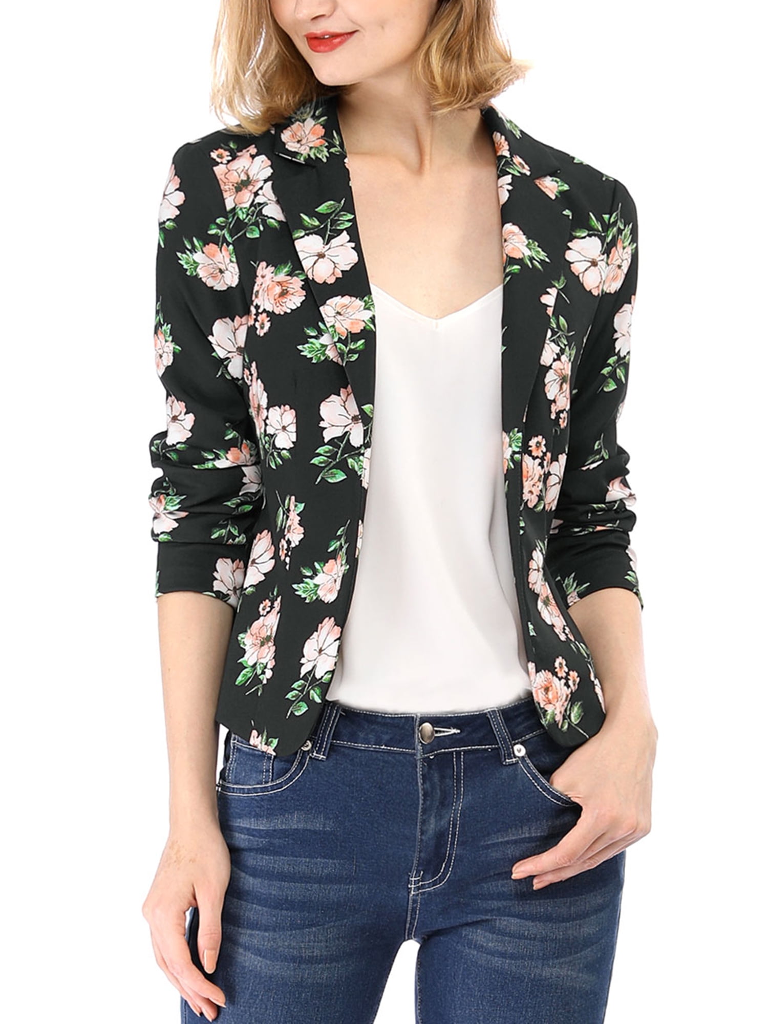 DARING DIVA Women's Elegant Notched Lapel Floral Print Blazer M Black-Floral