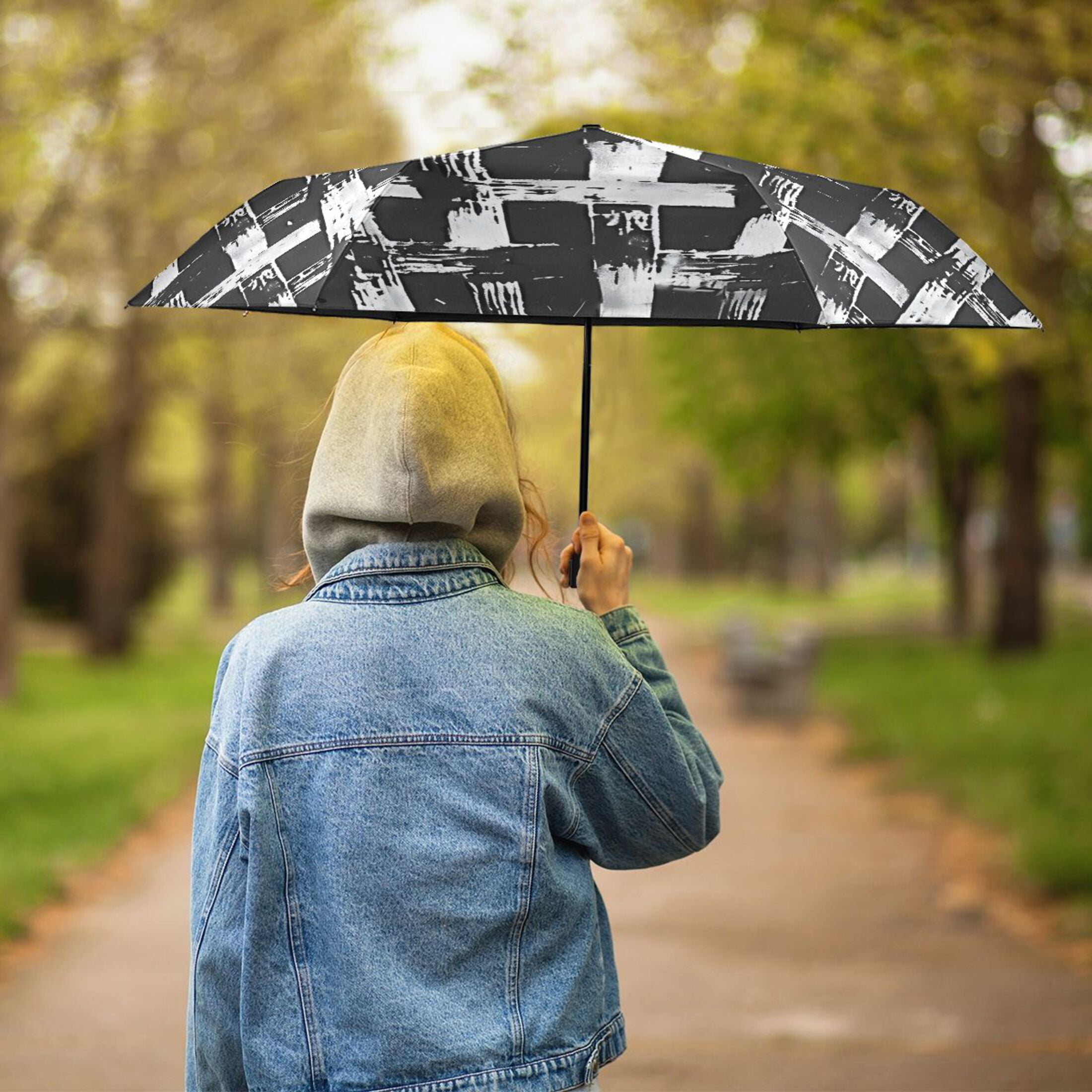 Black and White Basket Compact Sun Umbrella Windproof Travel Umbrellas for Rain Strong Portable UV Protection