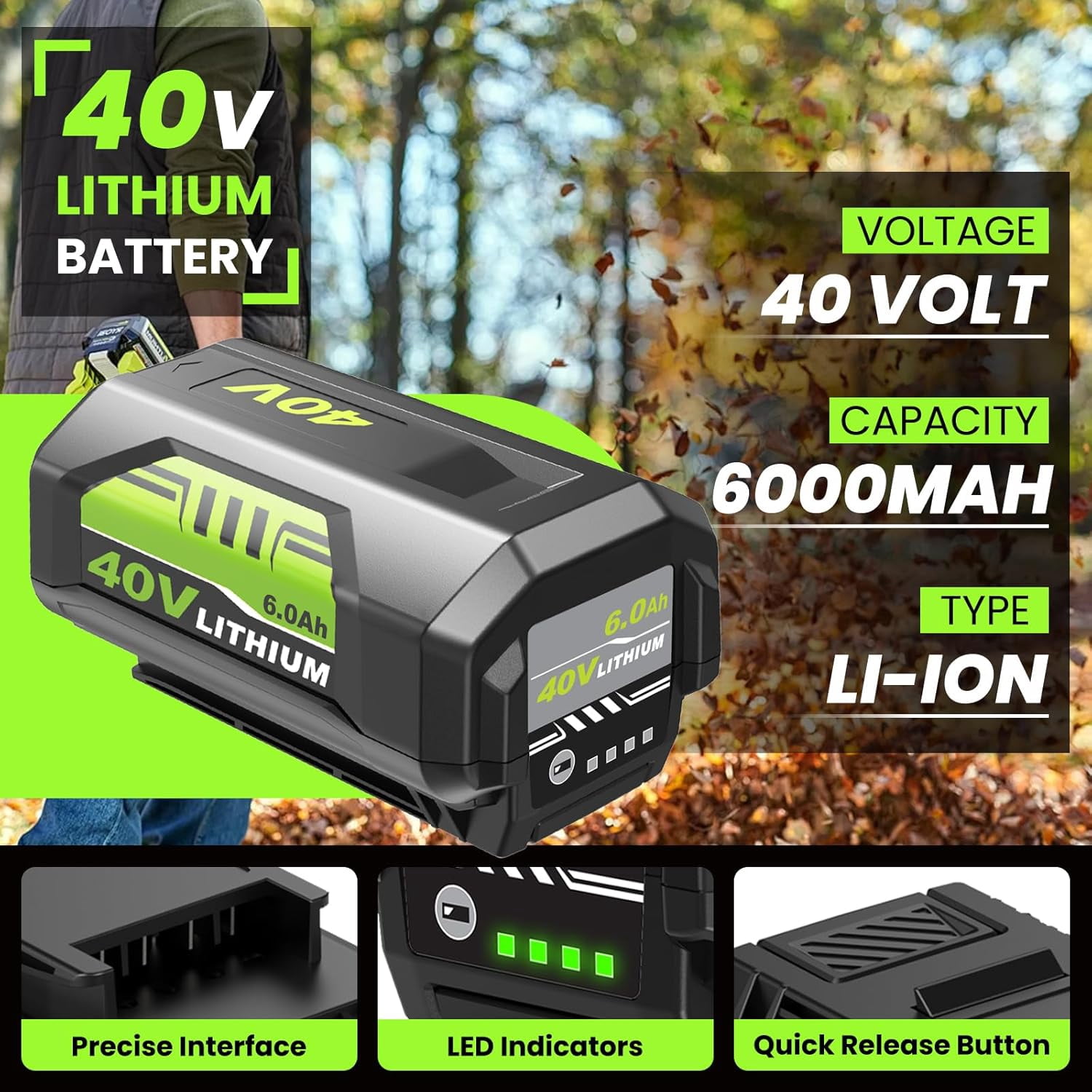40V 6.0Ah Lithium Battery for Ryobi 40 Volt OP4026 OP40602 OP4050A OP4040 Power Tools