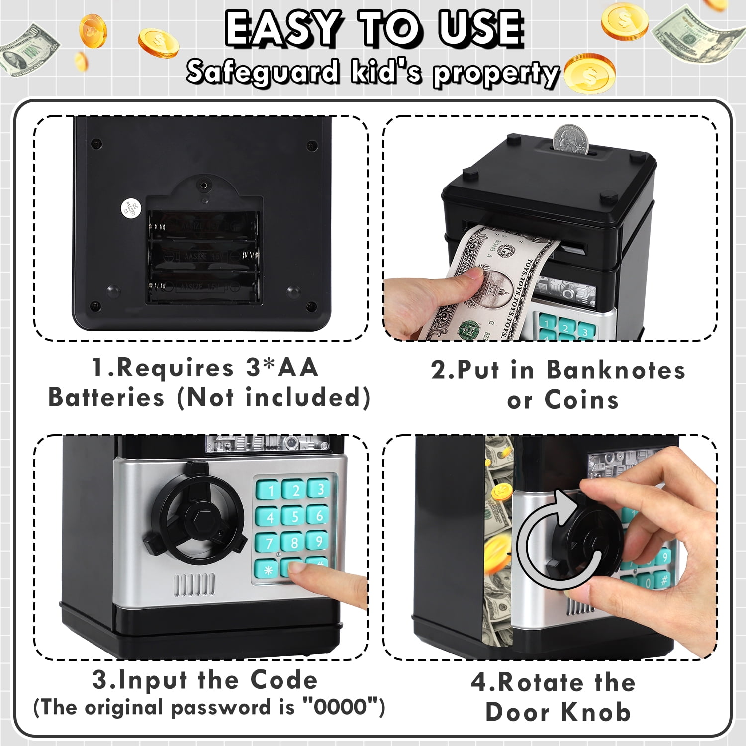 Piggy Bank for Kids Girls Boys, Large Electronic Money Saving Box with Password Protection, Automatic Paper Money Scroll - Black