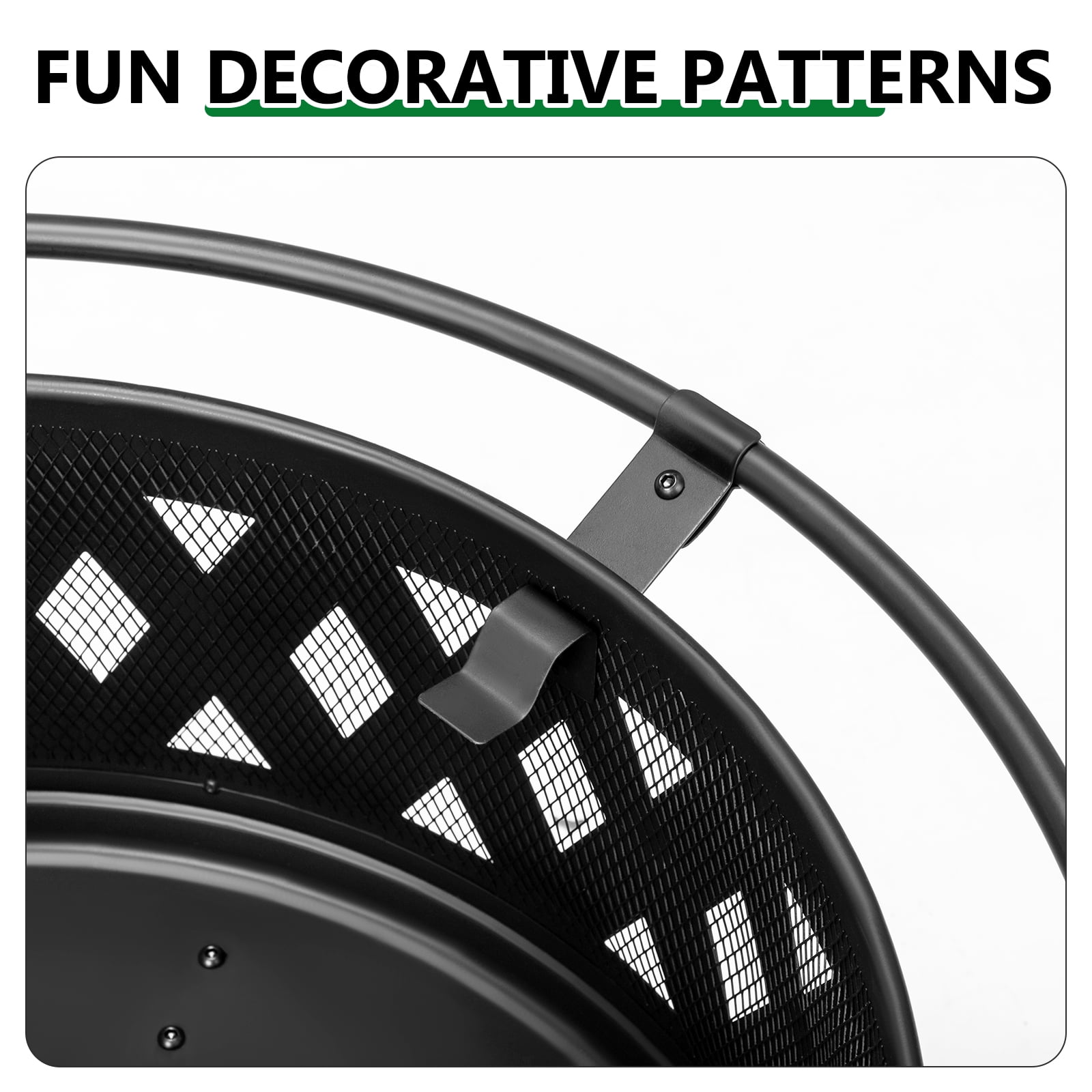 30 Inch Round Outdoor Wood Burning Fire Pit, Heavy Duty Wrought Iron Firepit with Hinged Spark Screen Lid & Lift Ring, Decorative Diamond Cutout Patio Fire Pit for Backyard, Garden, Lawn and Camping