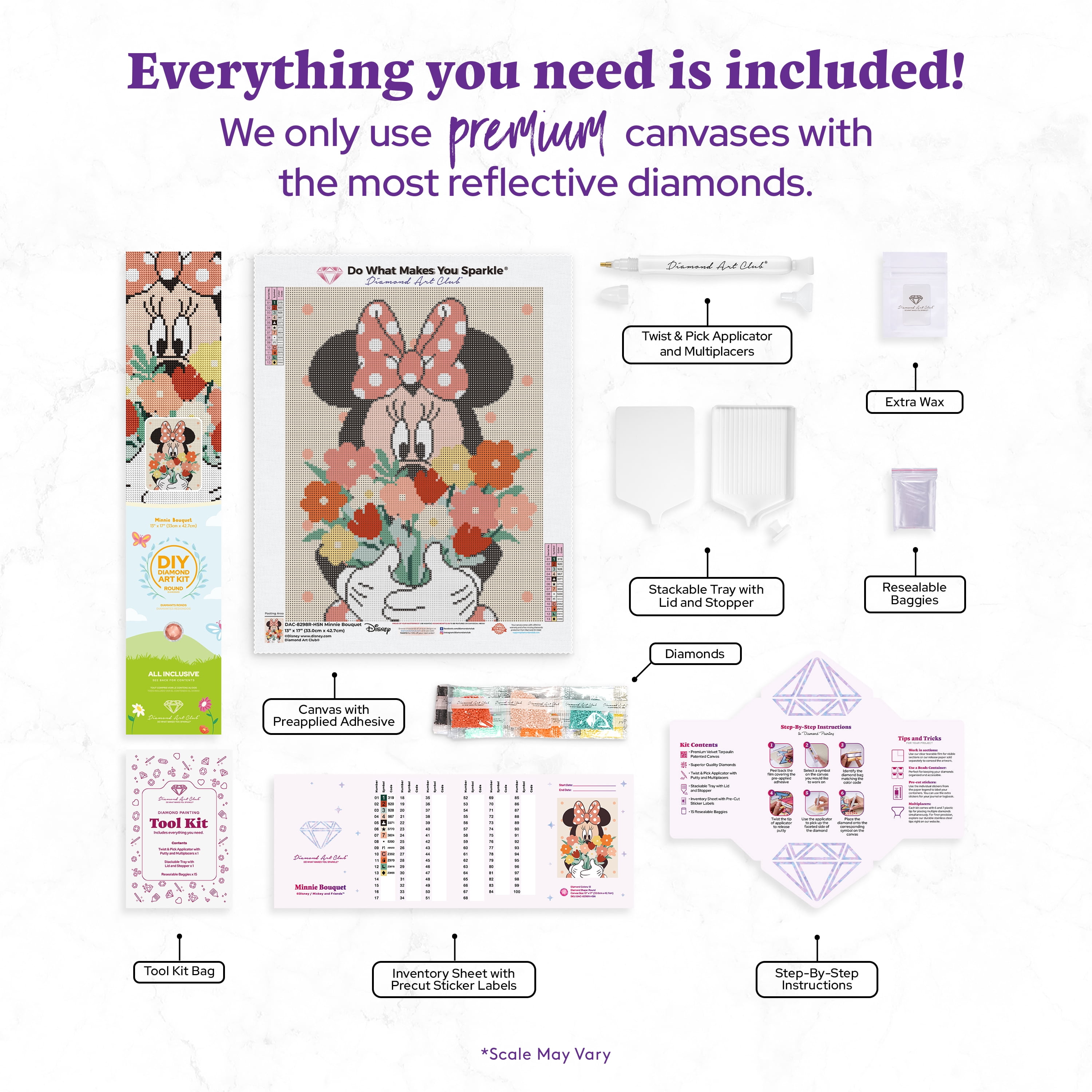 DIAMOND ART CLUB® Minnie Bouquet Diamond Painting Kit, Fun DIY Crafts for Adults, Round Diamond Art Canvas, 13" x 17" (33 cm x 42.7 cm)