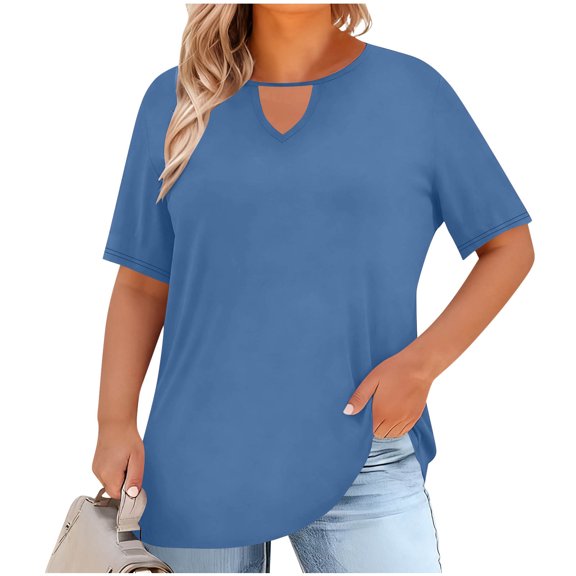 Sevevn Plus Size Women's Summer T-Shirt Casual V Neck Keyhole Short Sleeve Curved Hem Loose Fit Tunic Tops Navy 2XL