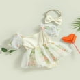 thumbnail image 3 of Bébé Fille Robe Romper avec Arc Bandeau Manches Bulle Floral Jupe Robe de Soleil, 3 of 6