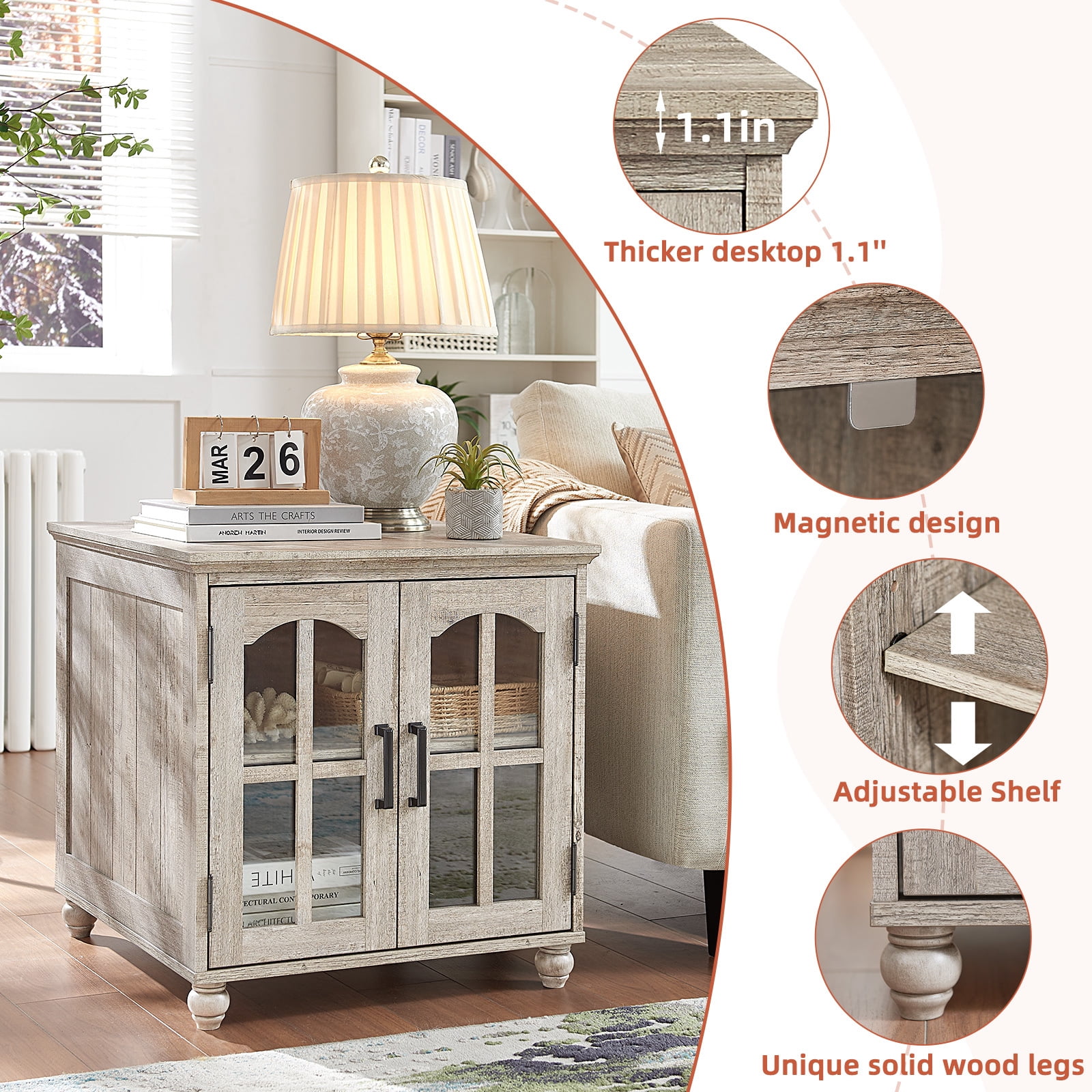 LELELINKY Farmhouse Nightstand with Charging Station, Modern End Side Table with Storage Shelf for Bedroom Living Room Office, White