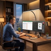 LED Desk Lamp with Double Head, 10W Adjustable Swing Arm Desk Light, 5-Level Dimmable Eye-Caring Desk Lamp for Home Office, Reading, Study