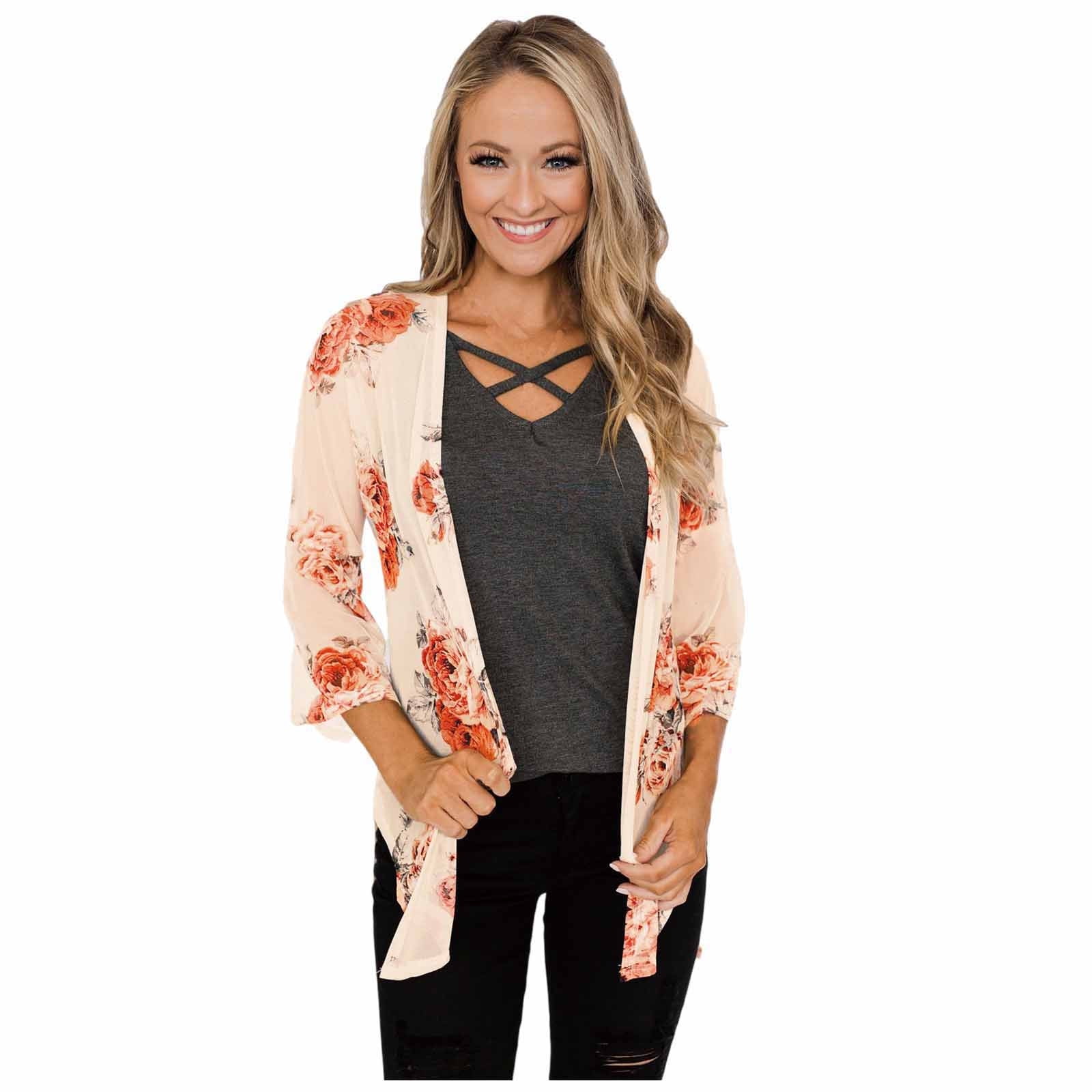 Follure Clothing Follure Ladies Summer Short Sleeve Top Womens Flowy Kimono Cardigan Open Front Dress Printed Chiffon Blouse Loose Tops Beige, Women's