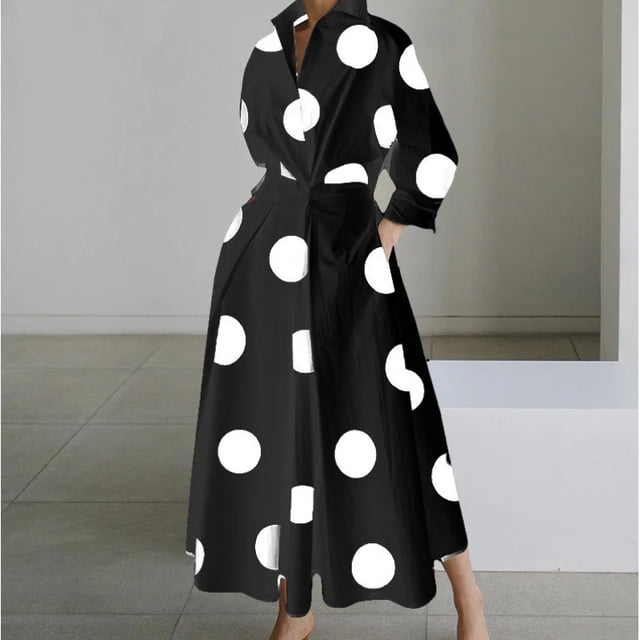 Women's Polo Collar Long Sleeve Maxi Dress - Ankle-Length, Elastic, Button Detail, Polyester