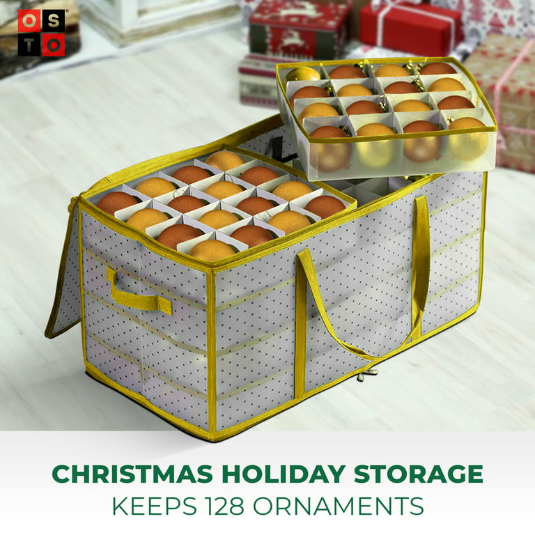 Plastic Christmas Ornament Storage Box Large with 2 Sided Dual Zipper  Closure - Keeps 128 Holiday Ornaments, Xmas Decorations Accessories, 3  Compartments - Sturdy Flexible Plastic 