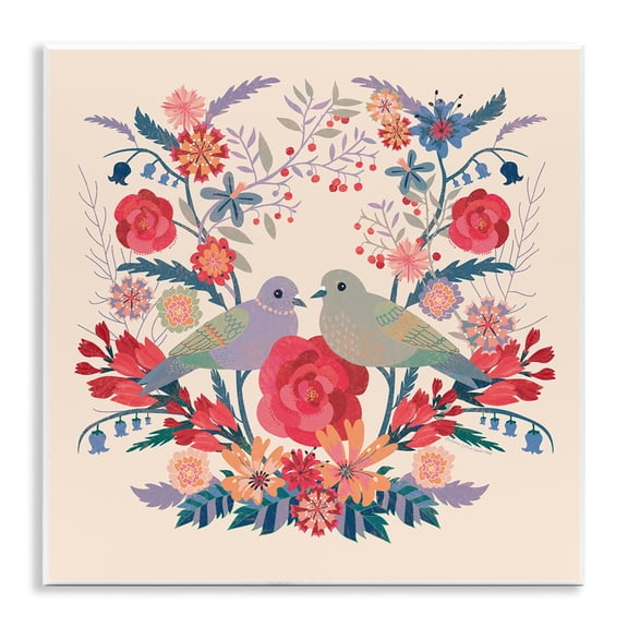 Stupell Industries Symmetrical Folk Flowers & Birds Floral Painting Unframed Art Print Wall Art, 12 x 12
