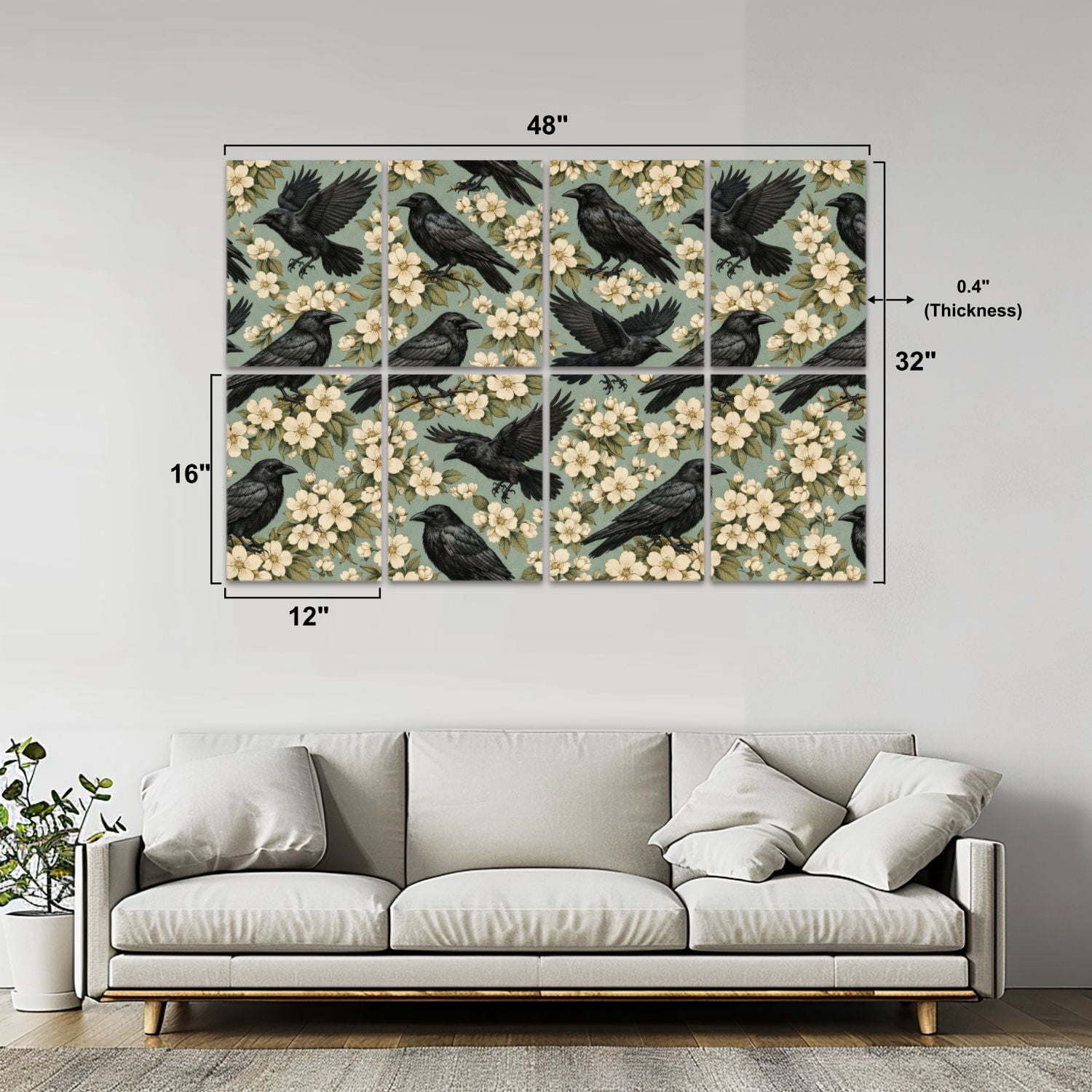 8 Pack Art Acoustic Panels Black Birds Perching Floral Green Self Adhesive Absorbing Dampening Panels Self Adhesive for Nursery Game Room Bedroom 48"x32"