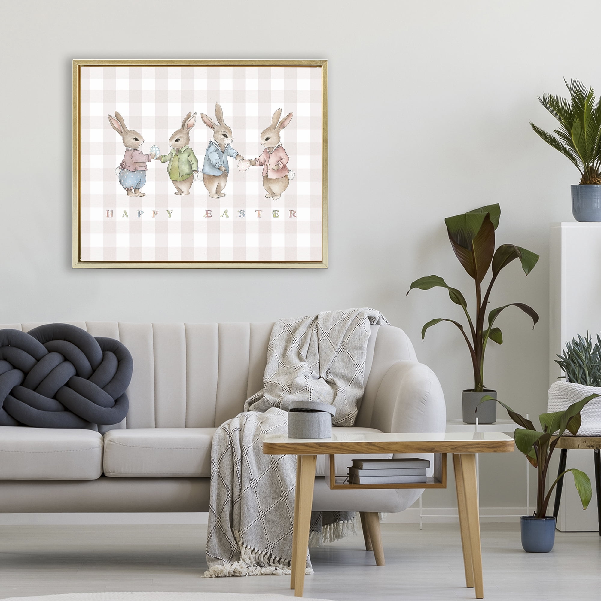 Stupell Industries Easter Bunnies Pink Gingham Gold Framed Floater Canvas Wall Art, design by Leah Straatsma