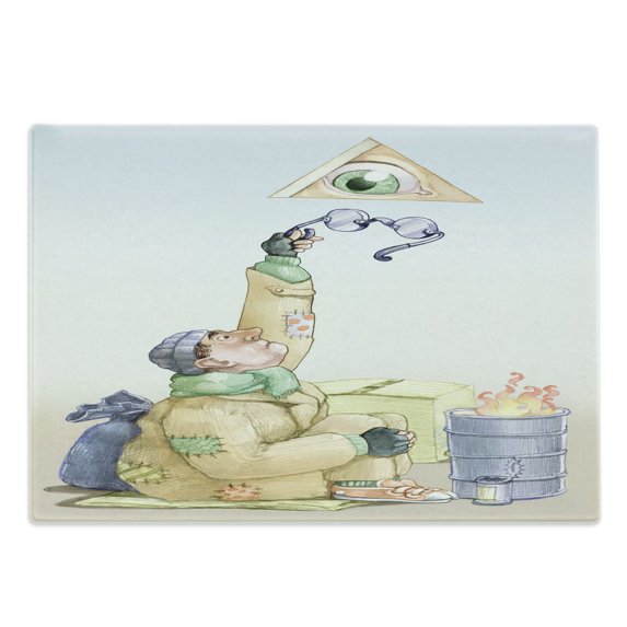 Abstract Surreal Cutting Board, Metaphorical Drawing of Homeless Guy and Eye in a Triangle Cartoon, Decorative Tempered Glass Cutting and Serving Board, in 3 Sizes, by Ambesonne