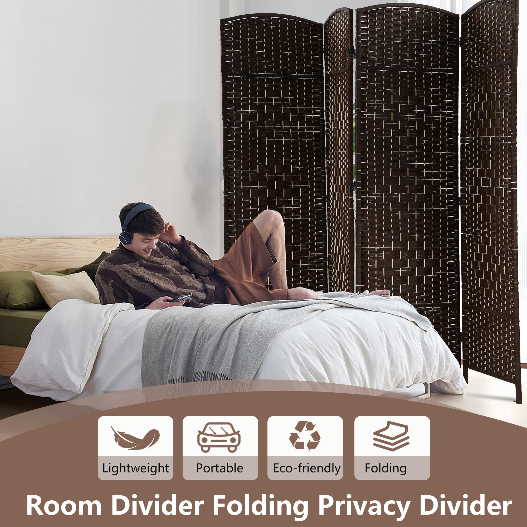 YRLLENSDAN 6ft Tall Room Divider Screen with 4 Panels, Wood Room Dividers and Folding Privacy Screens, Wall Divider for Livingroom, Brown