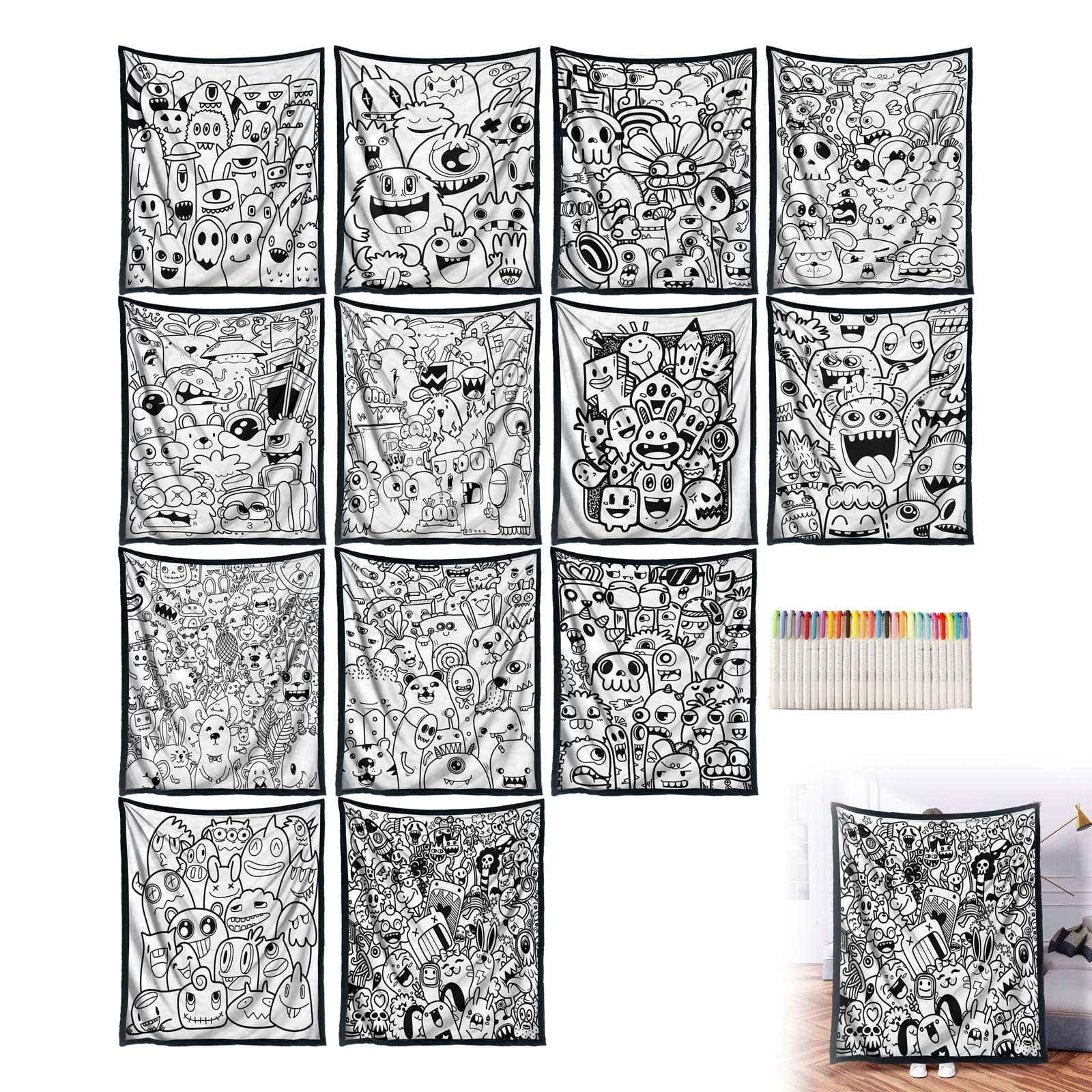 Adult DIY Coloring Mat Set with 25 Markers, Custom Blanket Craft Kit for Art Projects and Home Decor