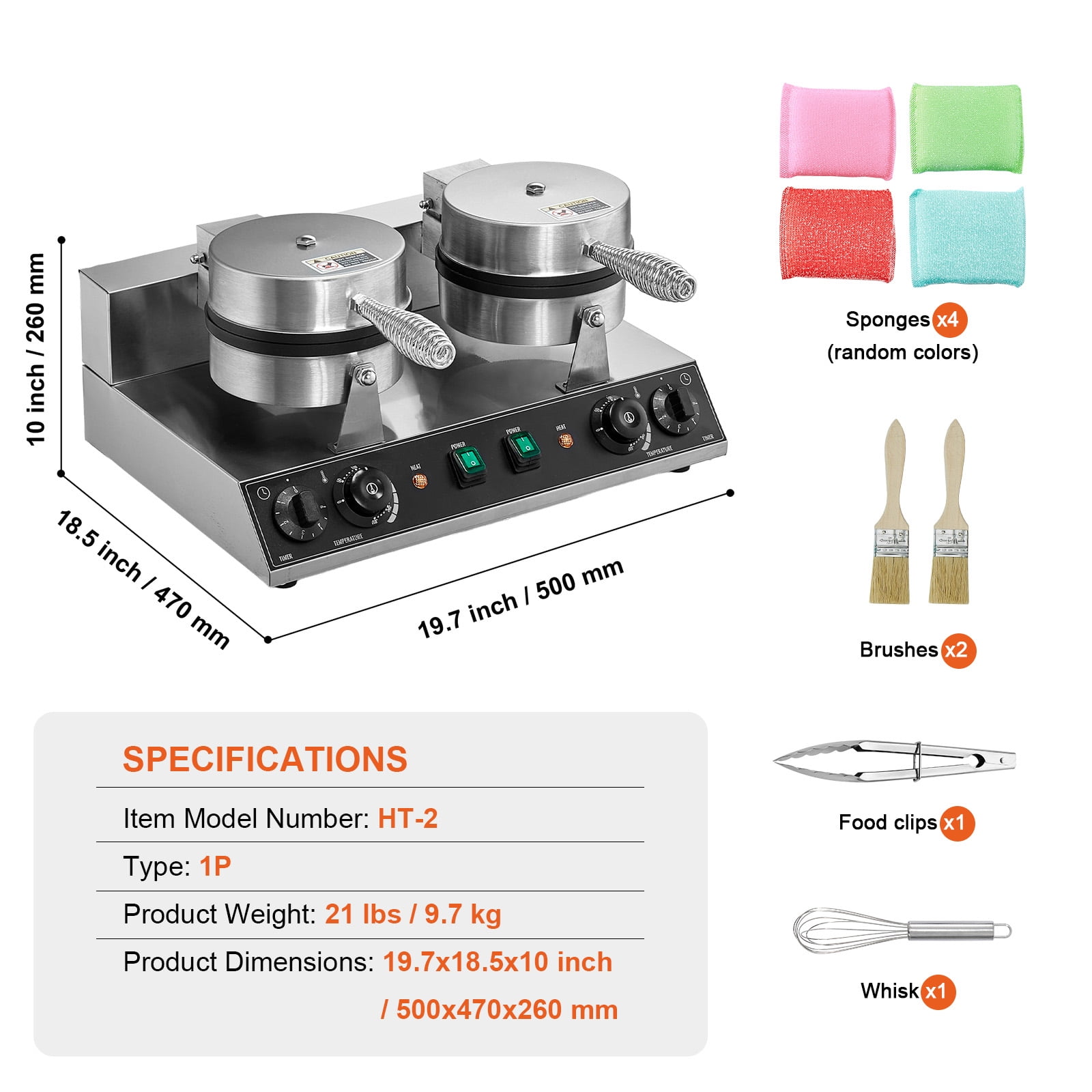 KFFKFF Double Head Commercial Waffle Maker, Round Belgian Waffle Cooking Device, 2460W, Non-Stick, with Temperature and Timer Settings, Ideal for Cafes, Bakeries, Snack Shops, and Home Use