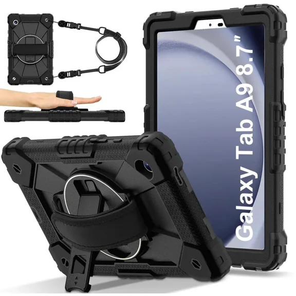 Case for Samsung Galaxy Tab A9 8.7 Inch 2023 Model SM-X110/X115/X117 with Rotating Stand Pencil Holder Hand/Shoulder Strap, Heavy Duty Shockproof Protective Cover