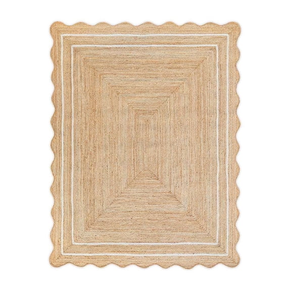 Vintage Jute Area Rug Decor Braided Rectangular Scalloped Vintage Carpet with Multi Border Off White 2' x 3' BY KALVEERA