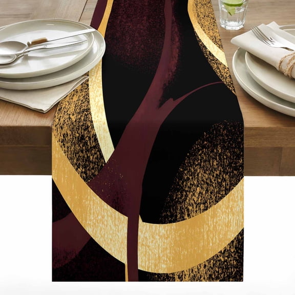 Vintage Art Table Runner 13x48 inch Abstract Dark Red Gold Shape Graffiti Cotton Linen Dining Table Runner Ideal for Dresser Kitchen Coffee Tables - Machine Washable