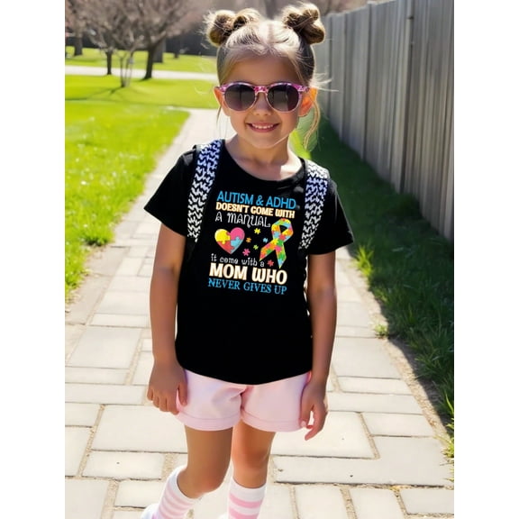 AUTISM & ADHD  Letter Print Summer Graphic T-shirts for Outdoor Sports and Daily Wearing, Young Girls T-Shirts, Size from 3-13Y