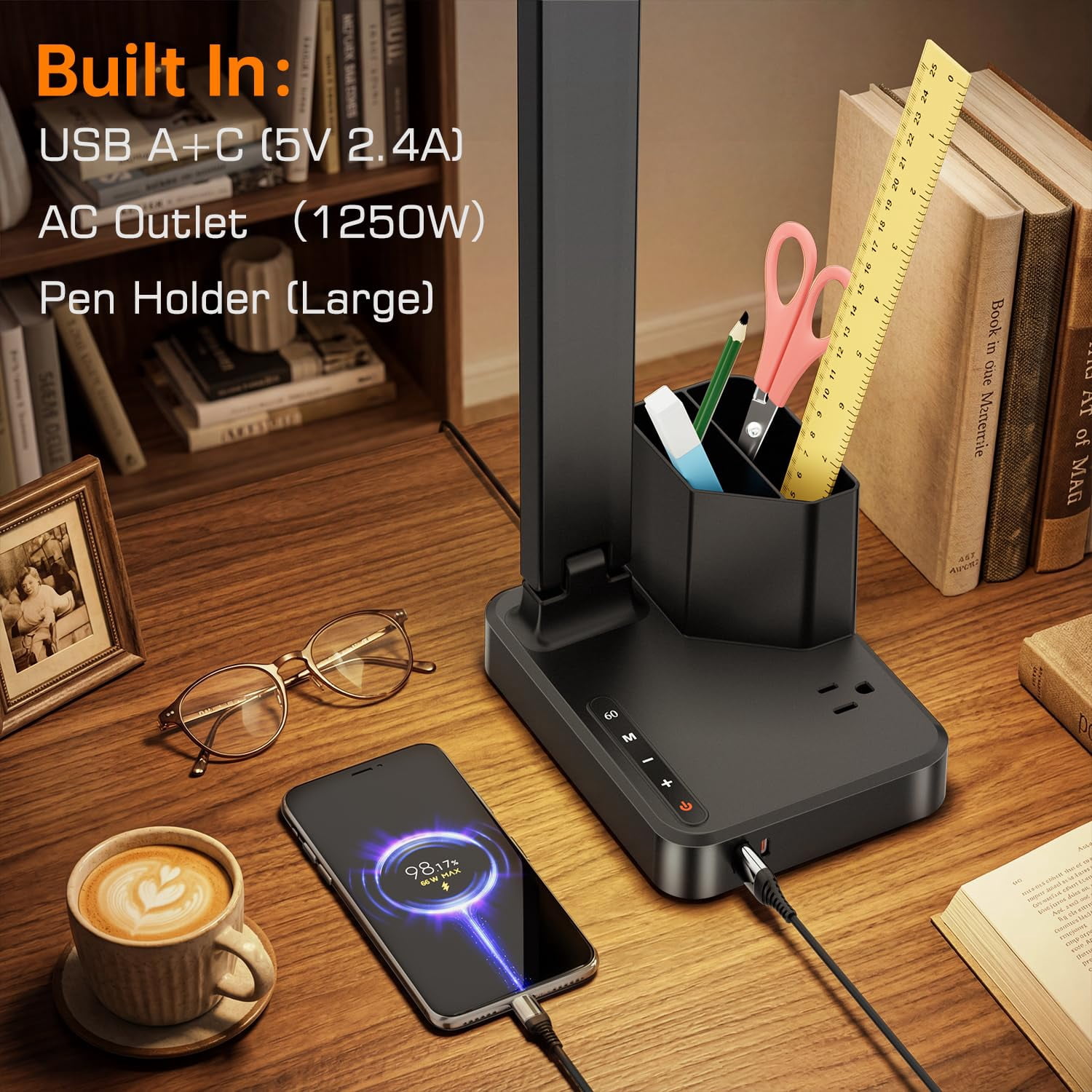 Led Desk Lamps For Home Office  Modern Dimmable Eye Caring Light With Usb Charging Ports Ac Outlet Pen Holder Touch/memory/timer Small Table Lamp Reading Bedroom Study Craft