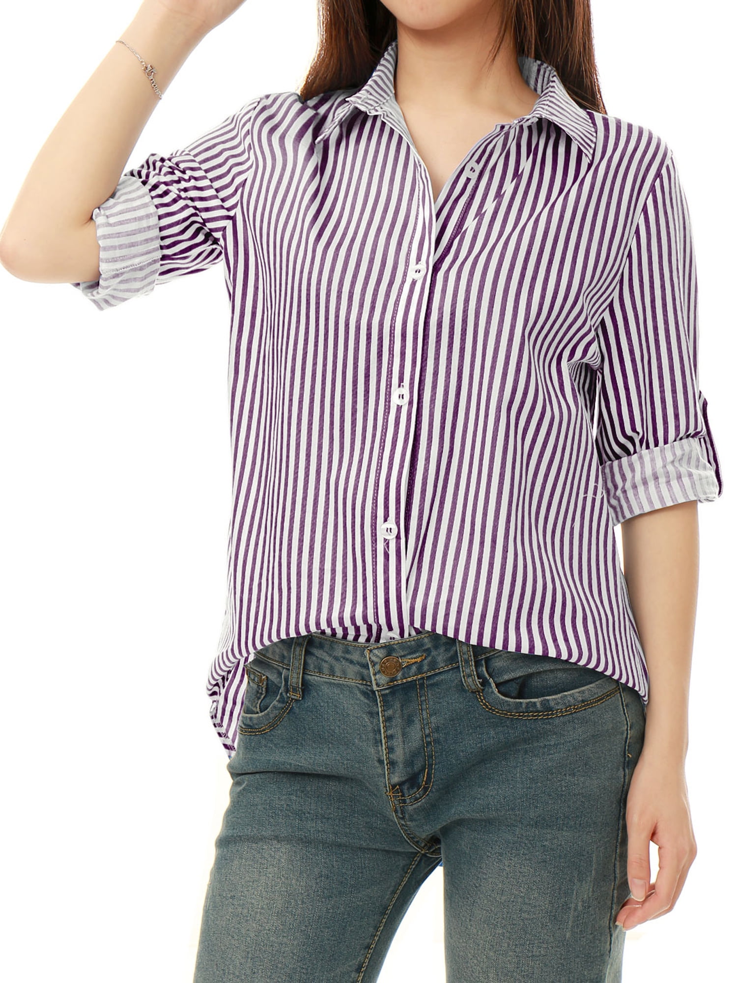 Unique Bargains - Women's Button Down Long Sleeve Shirt Vertical Stripes S Purple - Walmart.com 