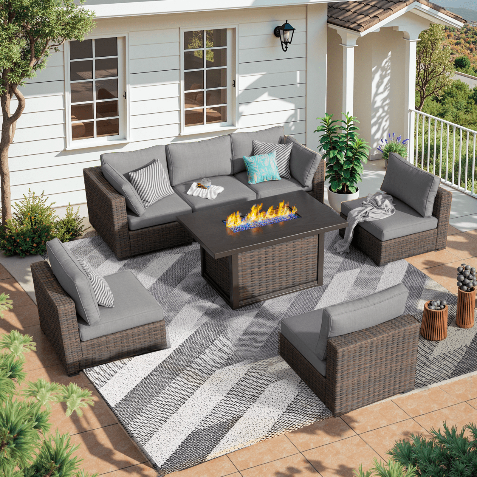 Gaildon 7 Piece Patio Furniture Set with Fire Pit Table, All Weather Outdoor Sectional PE Rattan, Patio Conversation Sets with Cushions and Glass Coffee Table for Garden Lawn Balcony Porch Deck