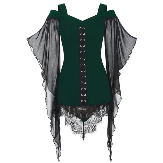 VEKDONE Clearance 2023 Women's Sexy Gothic Shirts Mesh Trumpet Sleeve Flowy Tops Black Halloween Medieval Punk Renaissance Blouses,Womens Vintage Gothic Shirt Splice Sheer Sleeve Irregular Top Blouse
