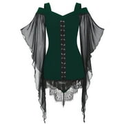 BBabaCats Women's Sexy Gothic Dress Lace Up Witch Dress Mesh Bell Sleeve Medieval Dress Cold Shoulder Vintage Vampire Dress